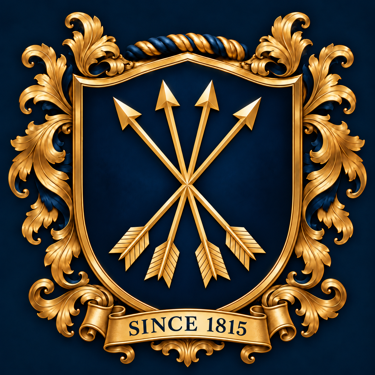 Gold and dark blue family coat of arms with four evenly spaced arrows and the inscription Since 1815